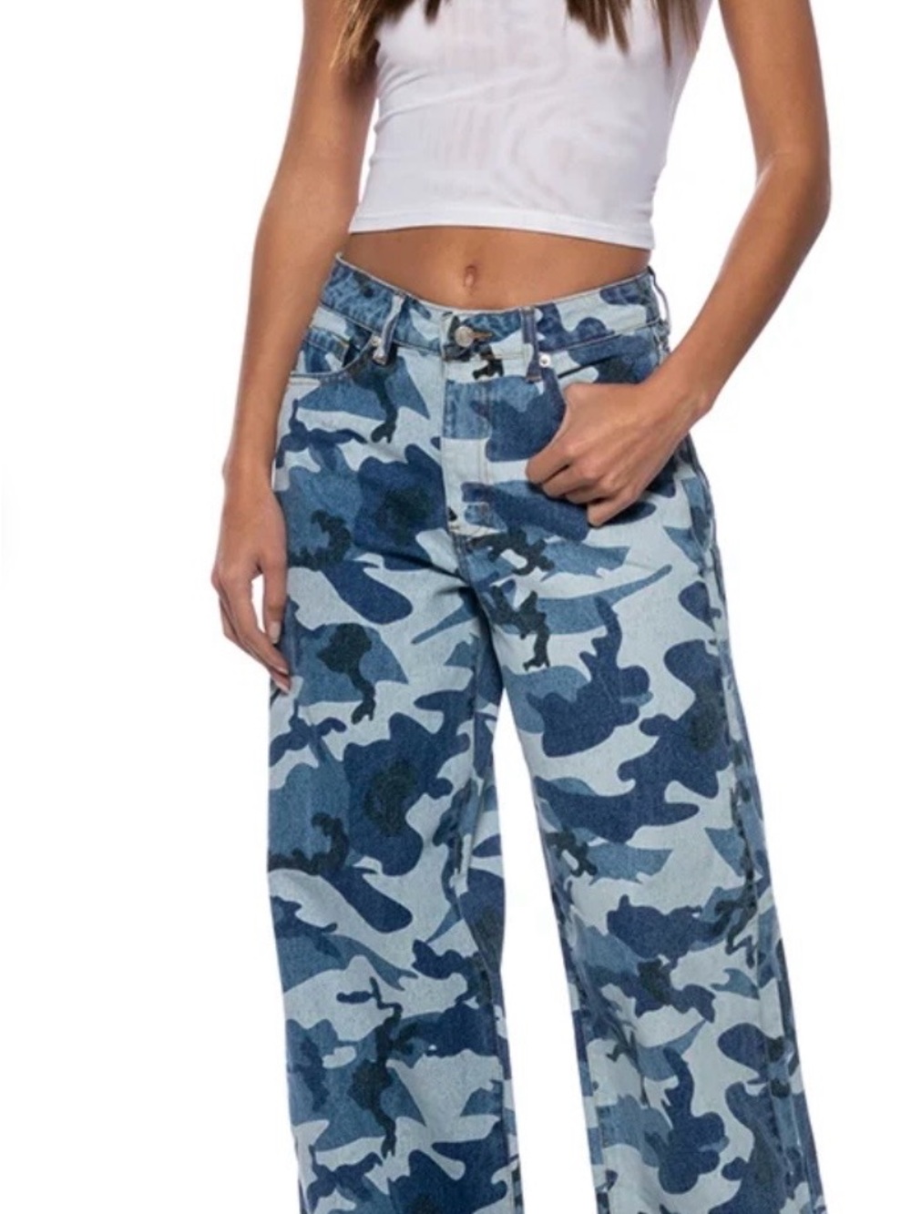 AKIRA Dayna Ultra Wide Leg Camo Denim Jeans Size S Blue Camouflage Baggy